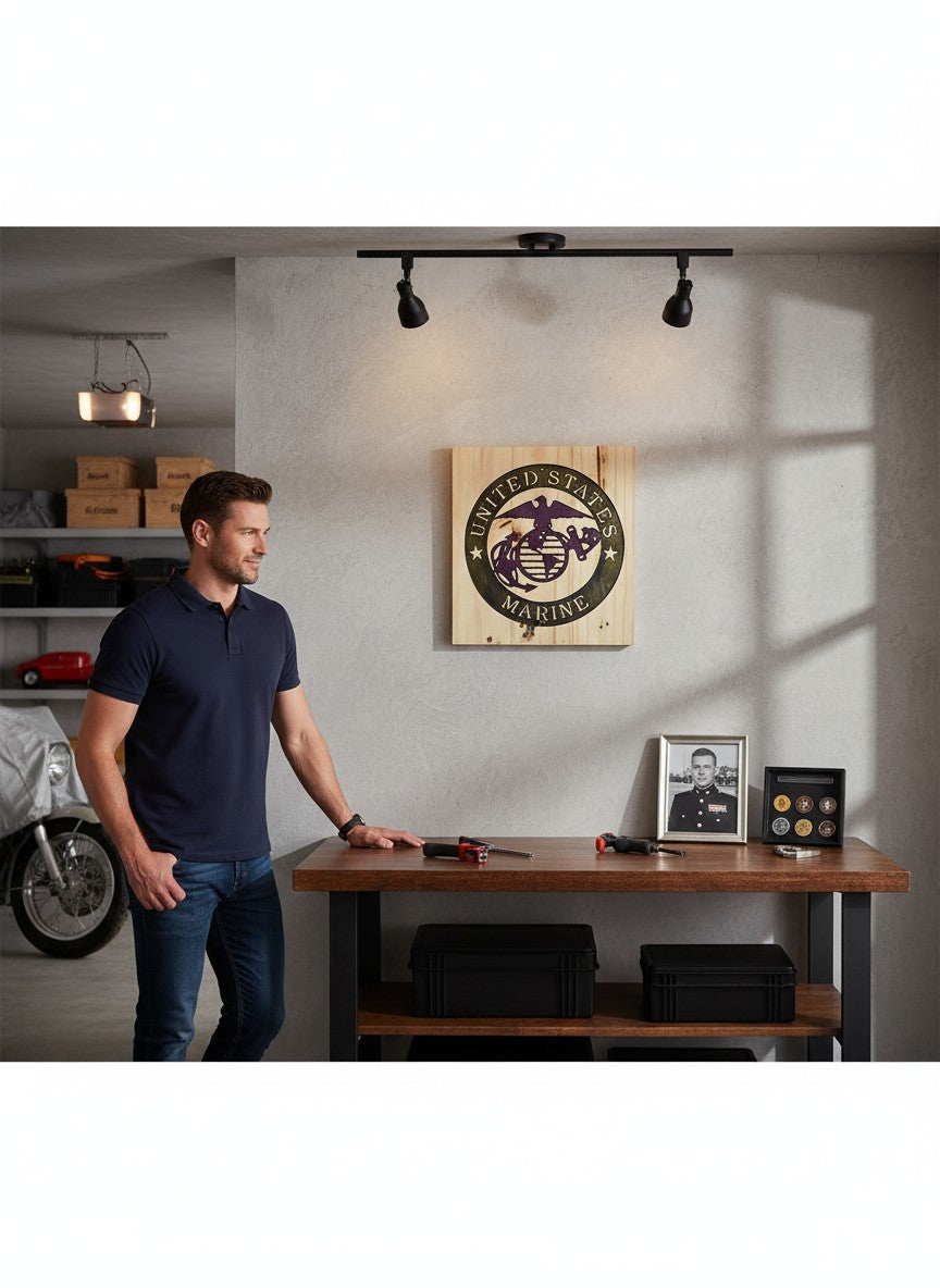 TK Wood Designs United States Marine Corps emblem on a light wood sign. Features eagle, globe, and anchor.