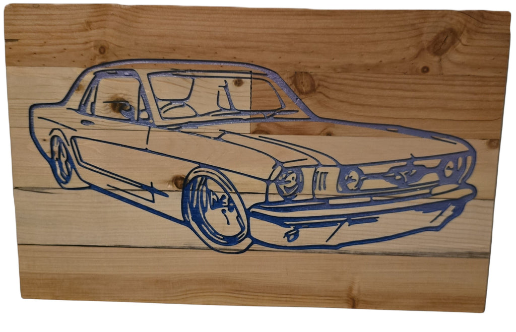 TK Wood Designs vintage car wood wall art, featuring a blue outline of a classic coupe on natural wood planks.