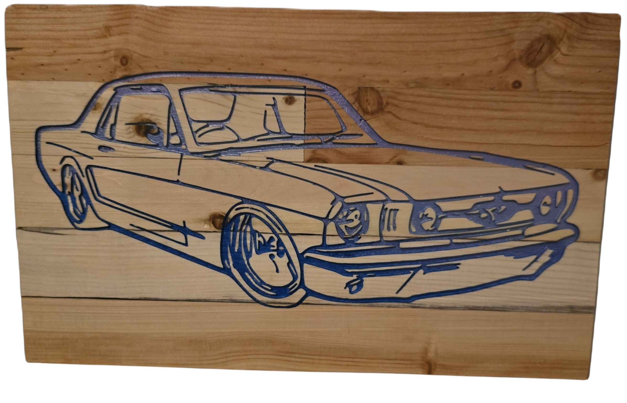 TK Wood Designs vintage car wood wall art, featuring a blue outline of a classic coupe on natural wood planks.