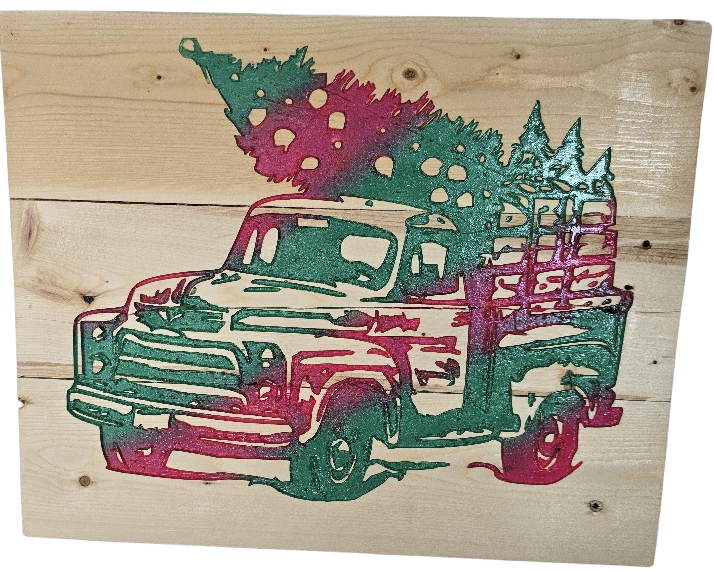 TK Wood Designs Vintage Christmas Truck Wood Wall Art with red and green trees on natural wood planks.