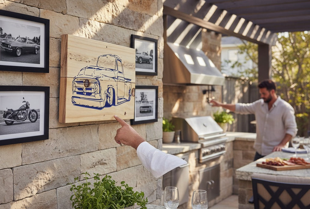 TK Wood Designs rustic wood sign featuring a blue outline of a vintage pickup truck with lowered suspension.