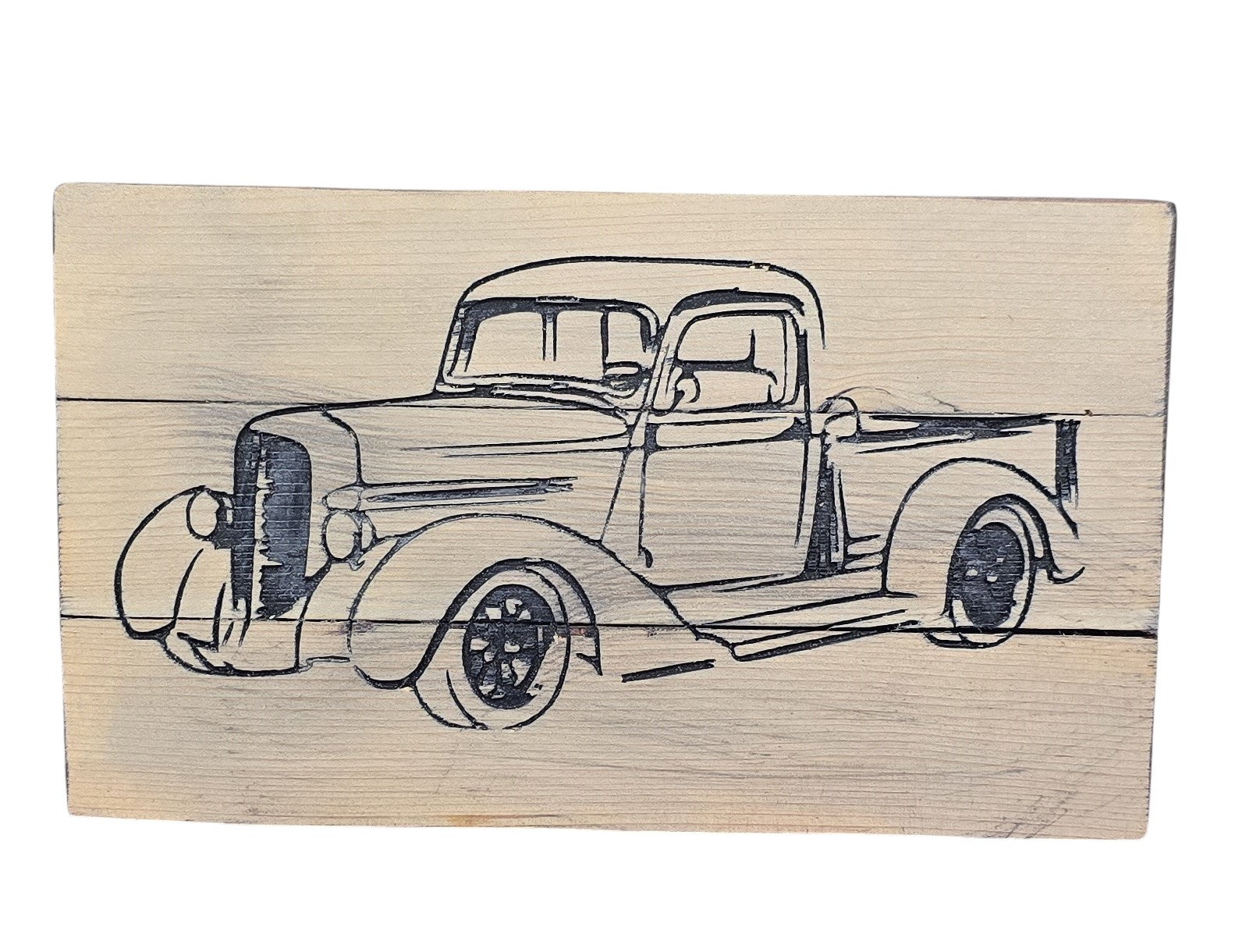 TK Wood Designs vintage truck wood wall art, line drawing on natural wood planks, rustic decor.