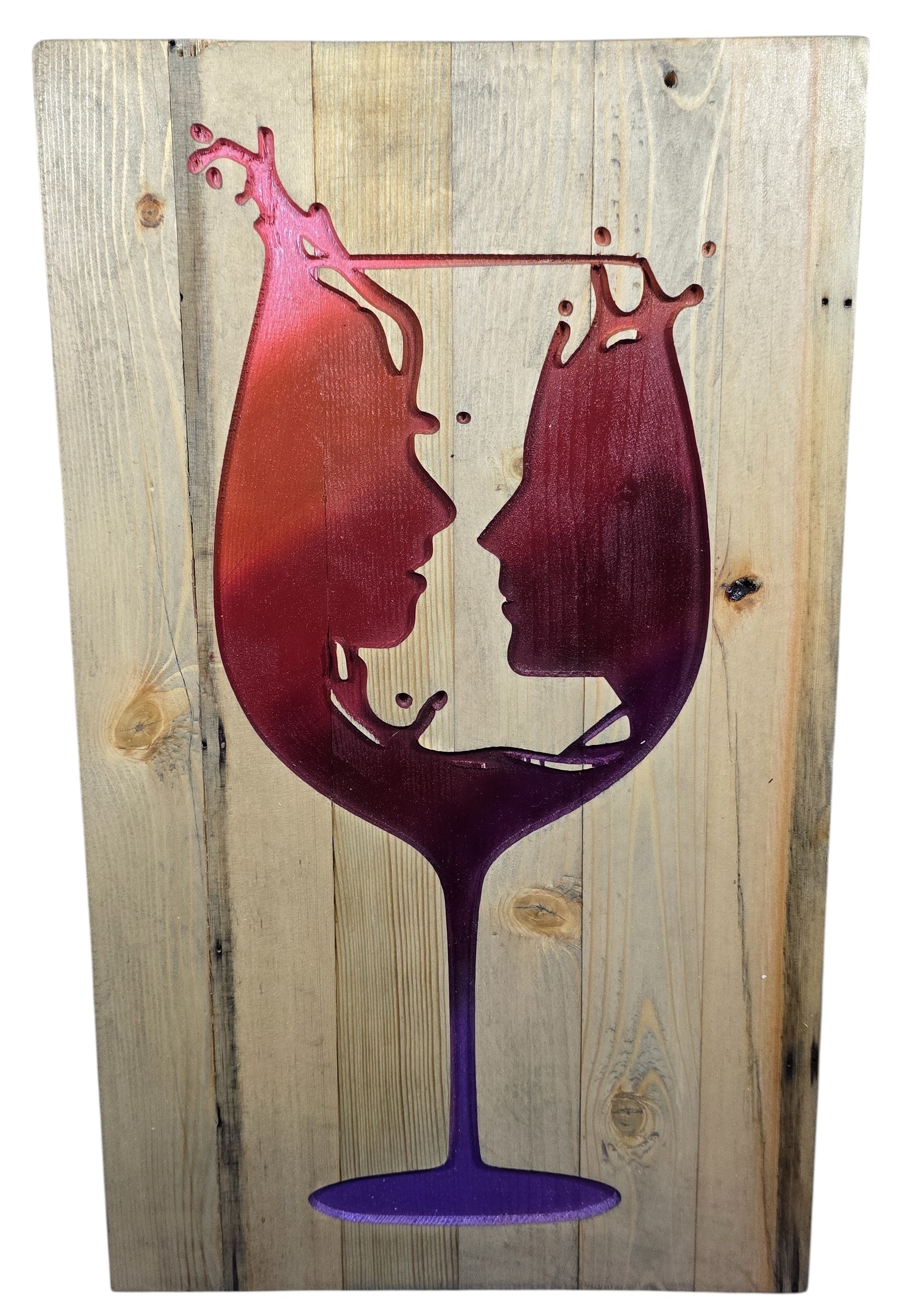 TK Wood Designs rustic wood wall art featuring a wine glass silhouette with two profiles facing each other, in red and purple gradient.