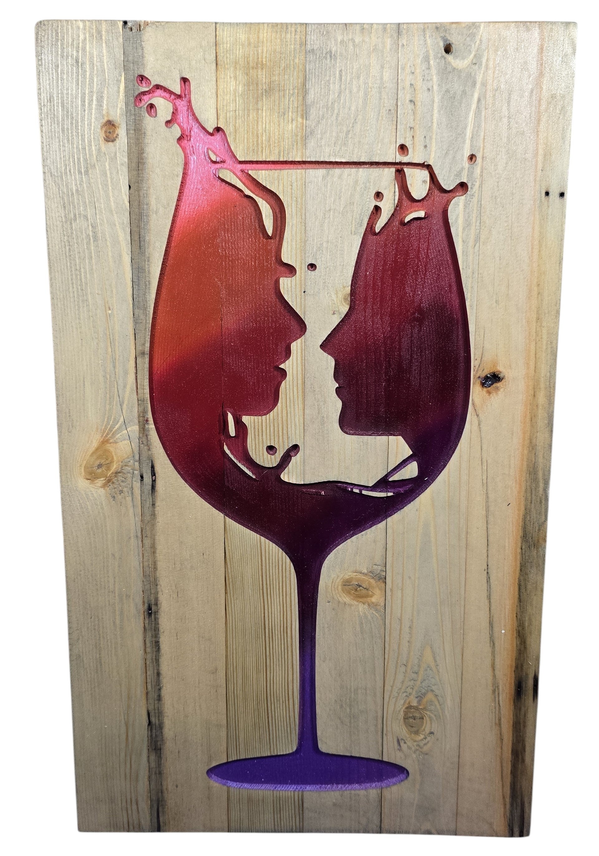 TK Wood Designs rustic wood wall art featuring a wine glass silhouette with red and purple gradient profiles facing each other.