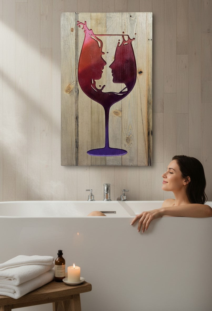 TK Wood Designs romantic wine glass silhouette wall art with red and purple gradient profiles facing each other on rustic wood.
