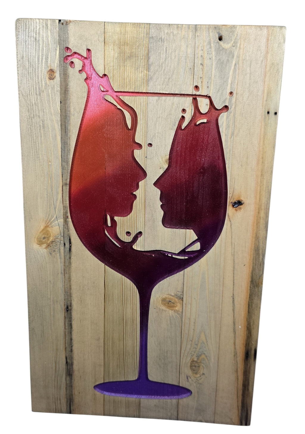 TK Wood Designs wine glass silhouette wall art with two profiles facing each other, gradient red and purple colors on rustic wood.