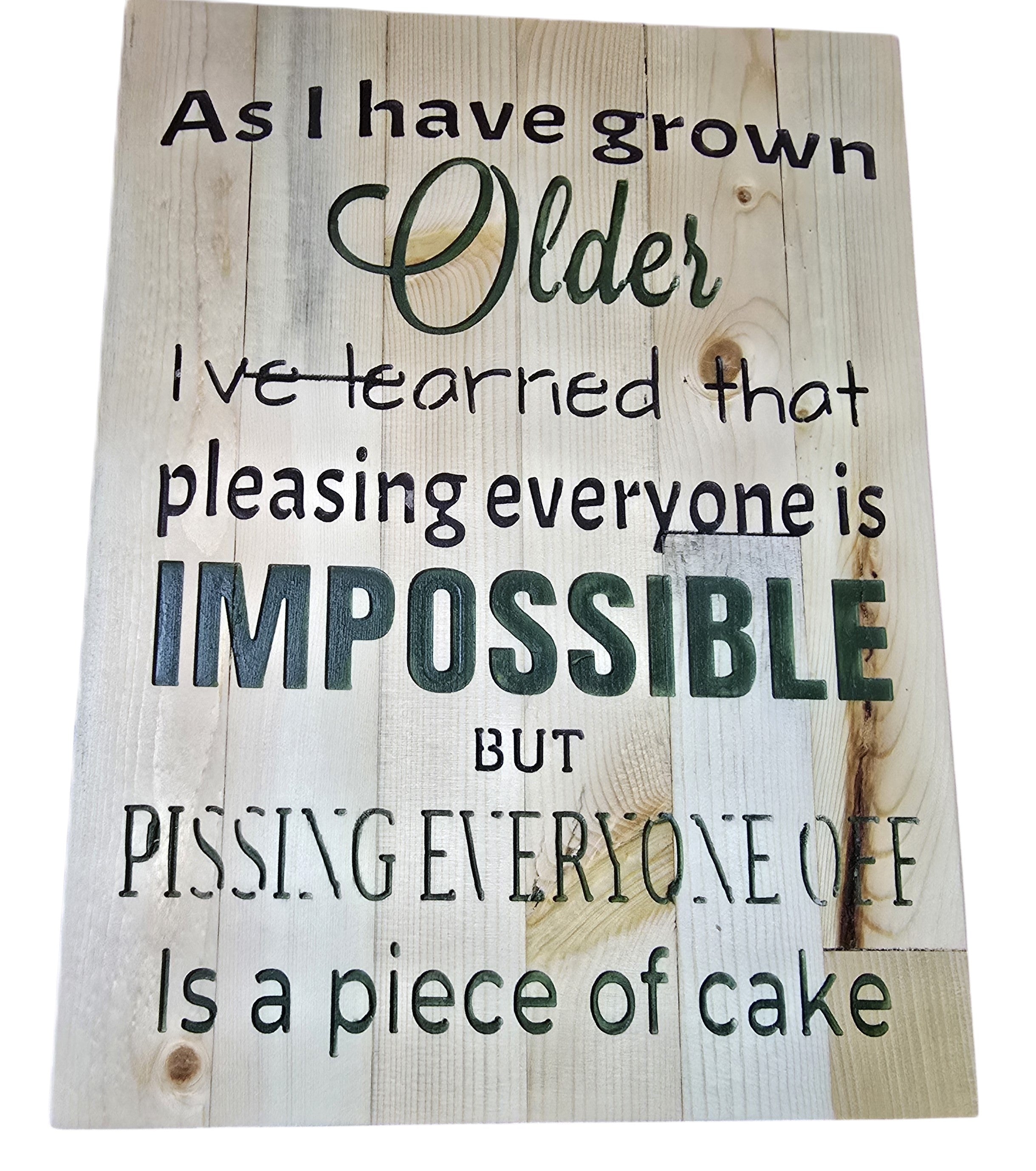 TK Wood Designs rustic wood sign with witty quote about aging and pleasing people. Natural wood grain and weathered finish.