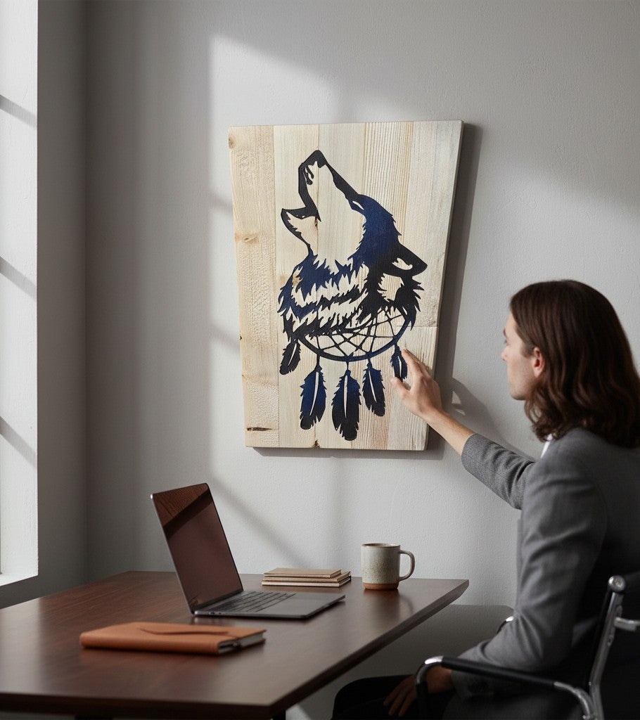 TK Wood Designs howling wolf and dreamcatcher wood wall art. Natural wood planks with black and blue silhouette.
