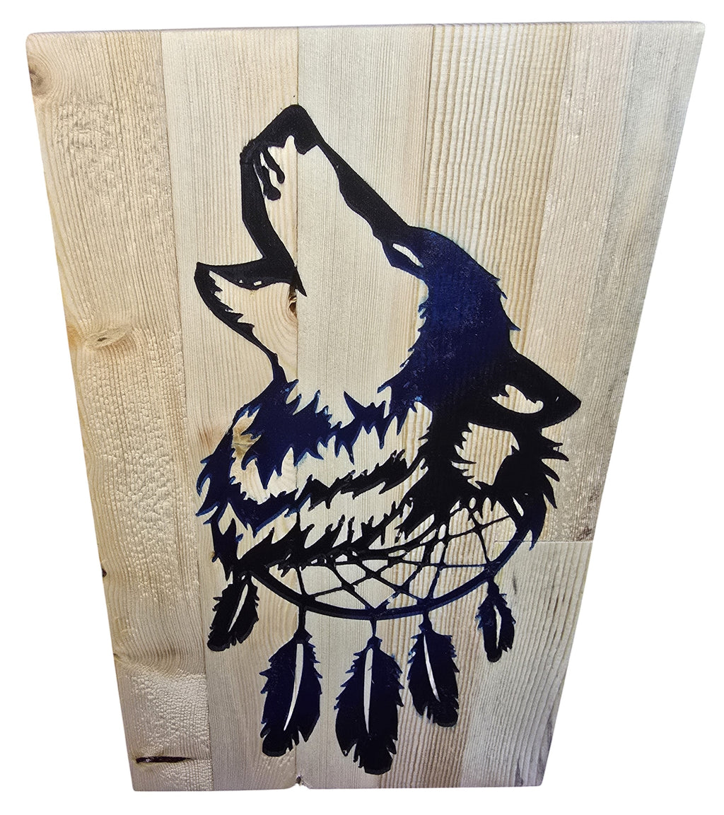 TK Wood Designs howling wolf dreamcatcher wood wall art with dark blue silhouette on natural wood planks.