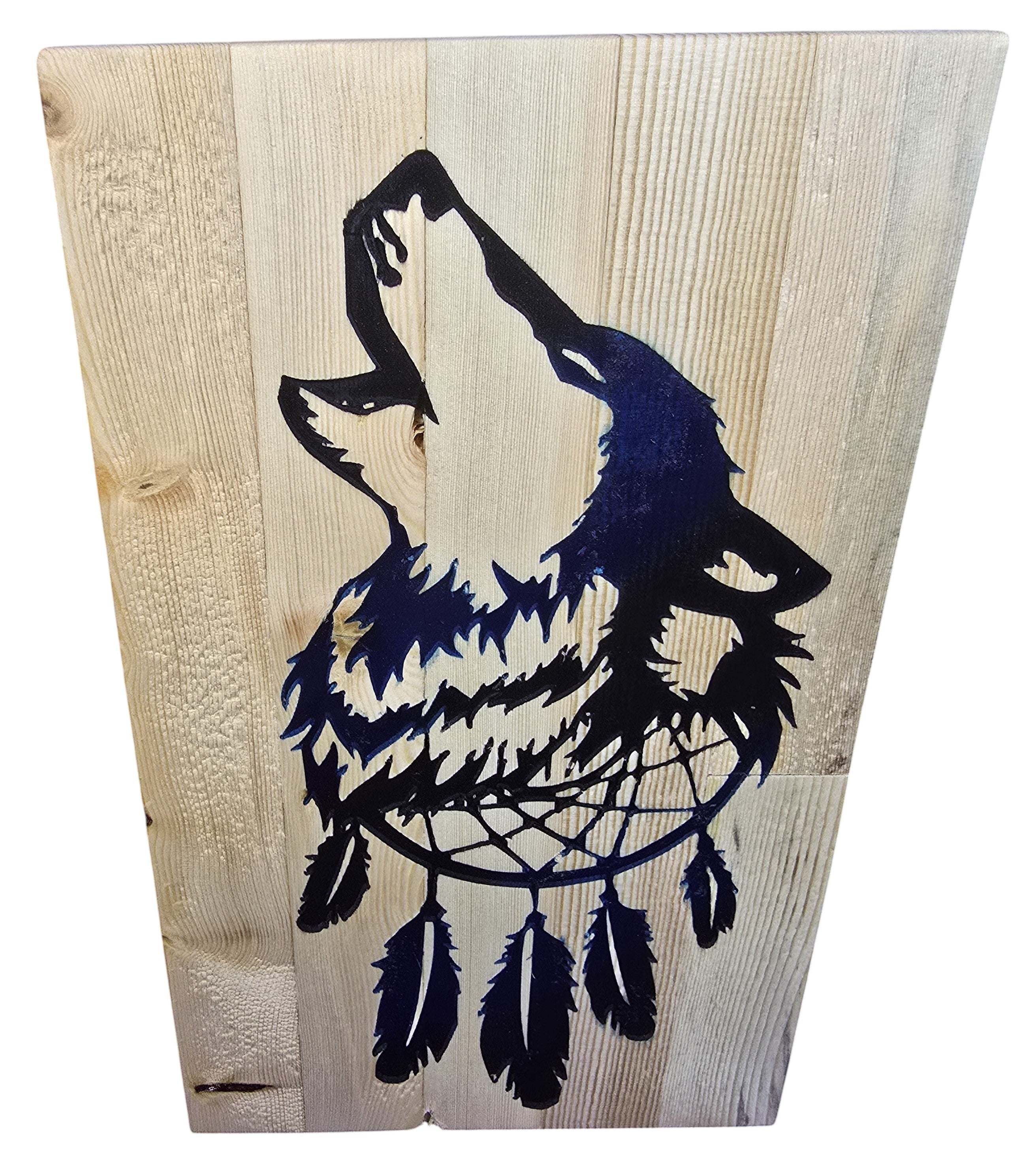 TK Wood Designs howling wolf dreamcatcher wood wall art with dark blue silhouette on natural wood planks.
