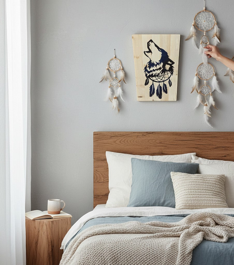 TK Wood Designs howling wolf dreamcatcher wood wall art with dark blue silhouette on natural wood planks.