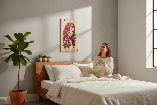 TK Wood Designs rustic wood sign with carved dark red woman and floral motif. "Bloom Where You Are Planted" theme.