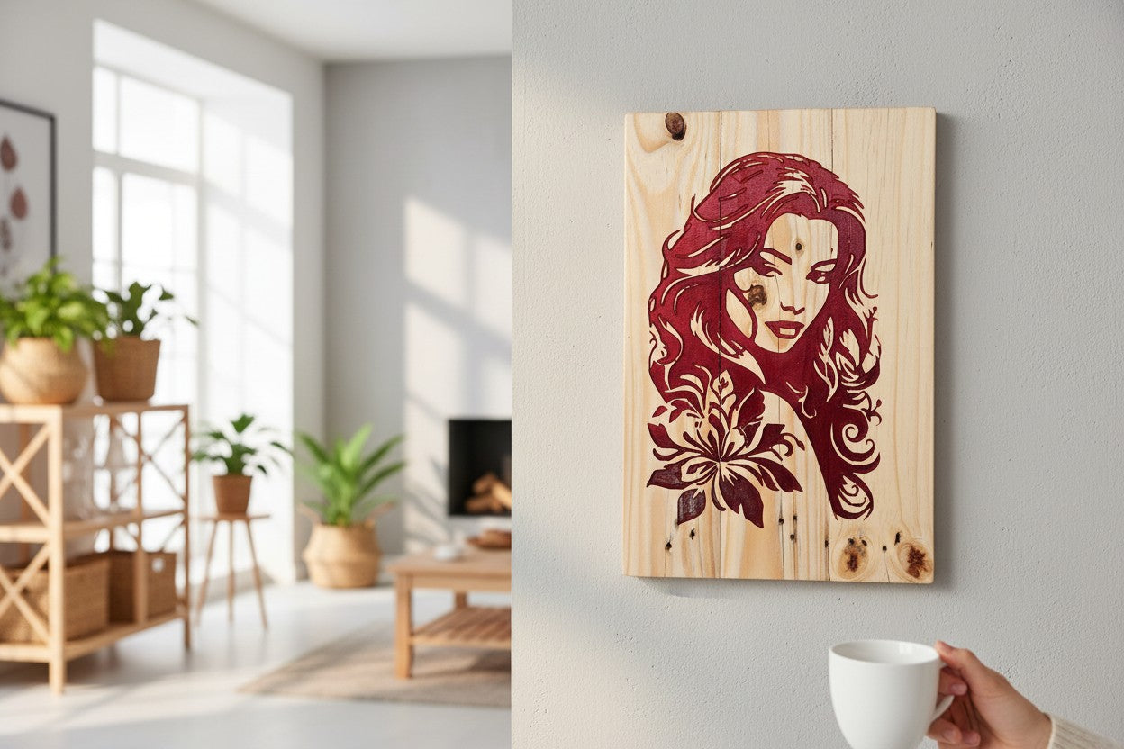 TK Wood Designs rustic wood sign featuring a dark red silhouette of a woman with flowing hair and a floral motif.