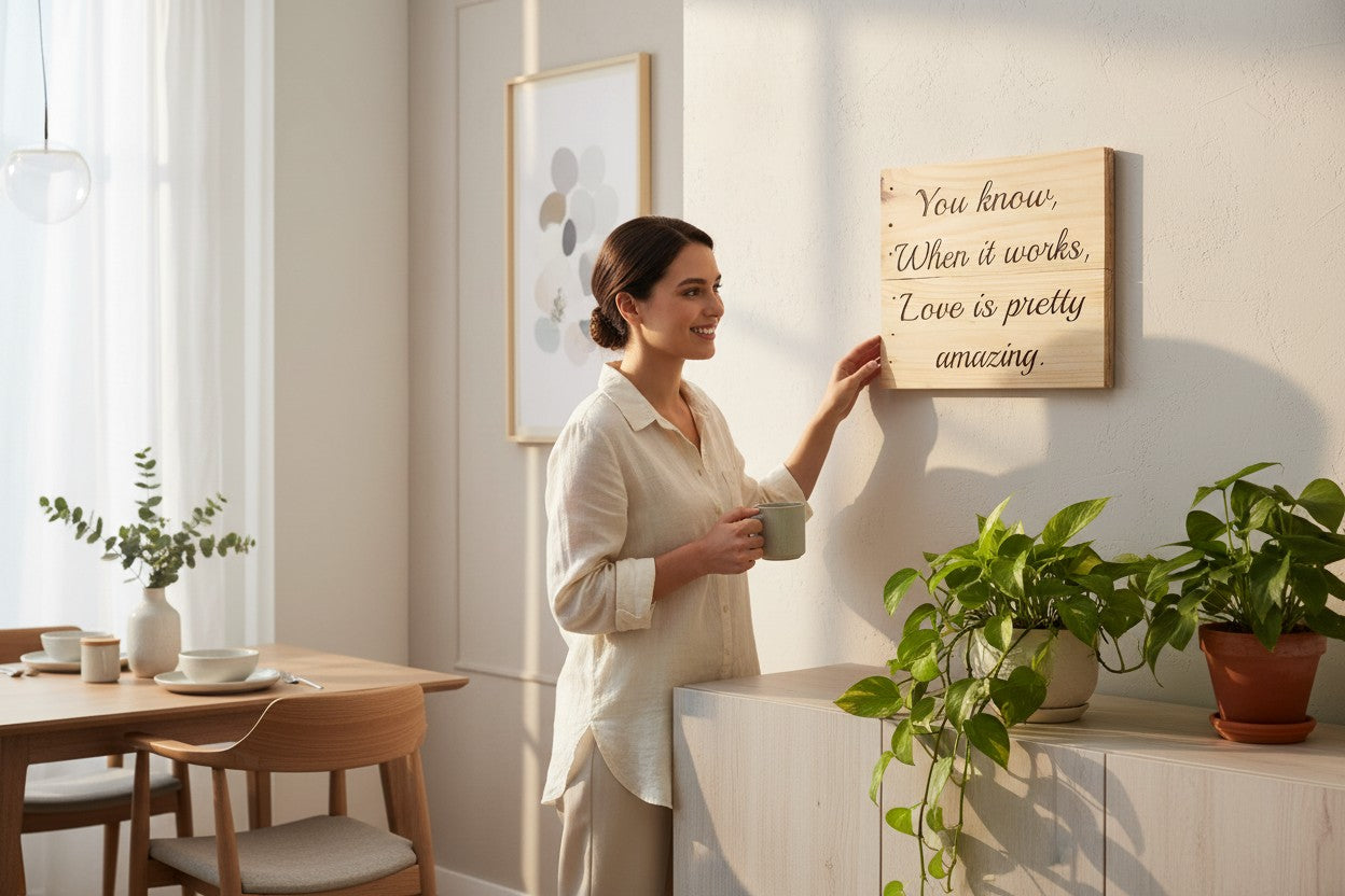 TK Wood Designs natural wood sign with carved text: "You know, When it works, Love is pretty amazing."