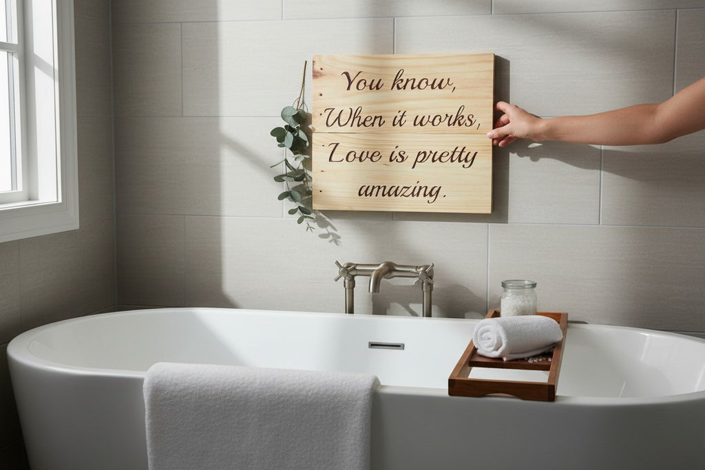 TK Wood Designs natural wood sign with carved text: "You know, When it works, Love is pretty amazing."
