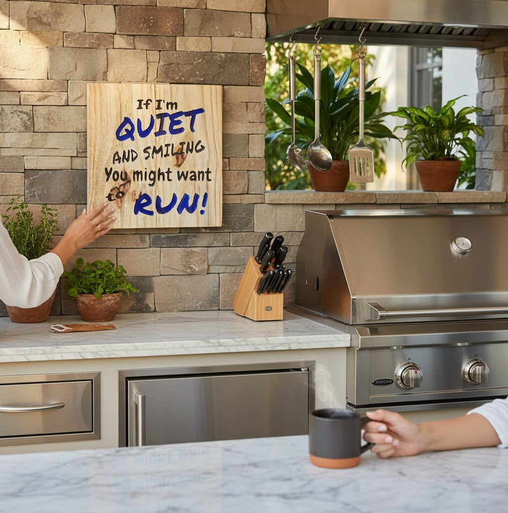 TK Wood Designs natural wood wall art with carved blue lettering that reads "If I'm Quiet and Smiling, You Might Want to Run!"