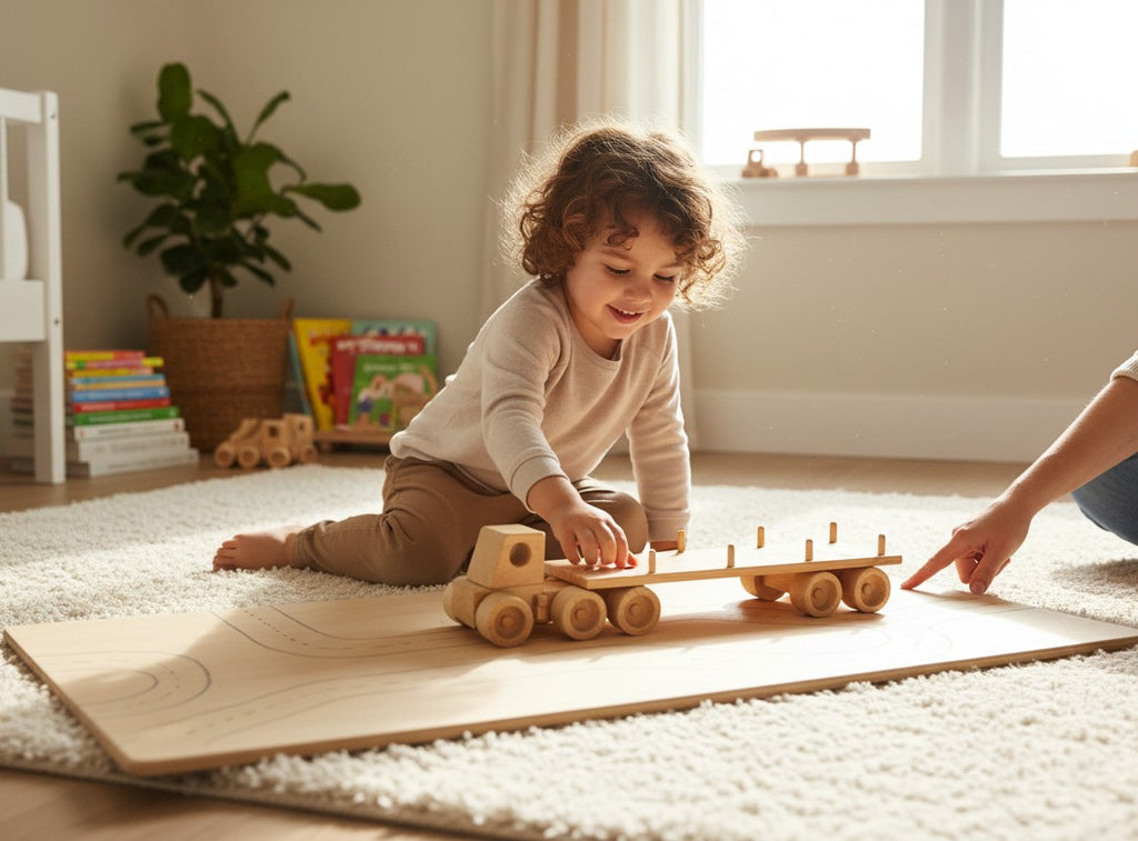 TK Wood Designs natural wood flatbed semi-truck toy with wooden wheels and cargo stakes.