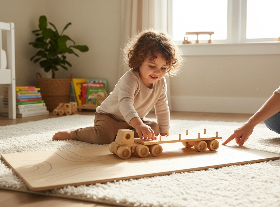 TK Wood Designs natural wood flatbed semi-truck toy with wooden wheels and cargo stakes.