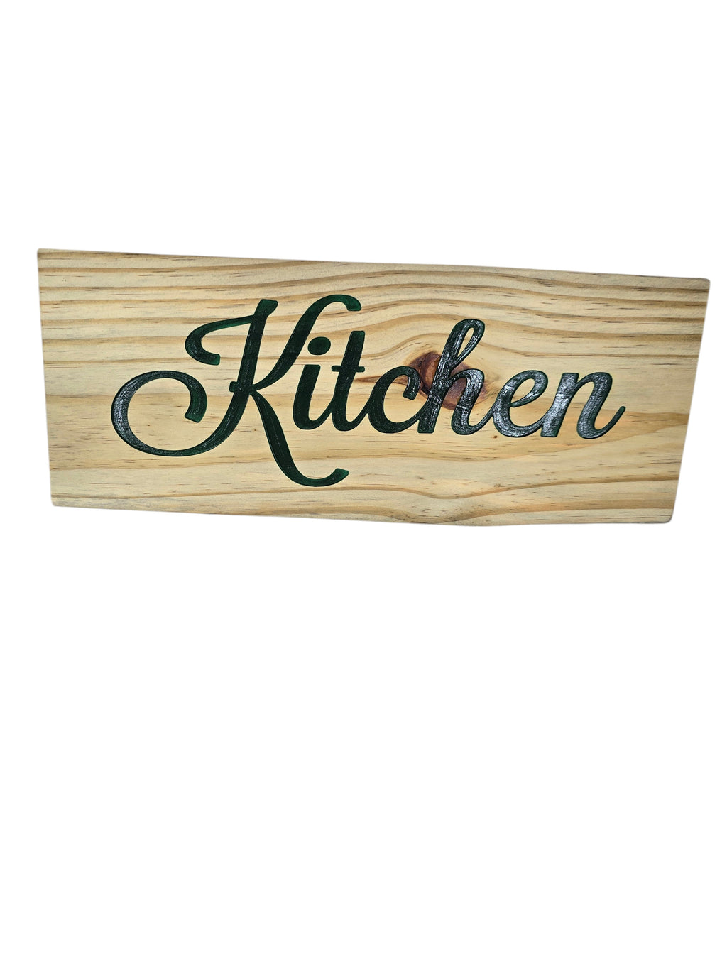 TK Wood Designs natural wood kitchen sign with dark green script lettering. Rustic home decor.