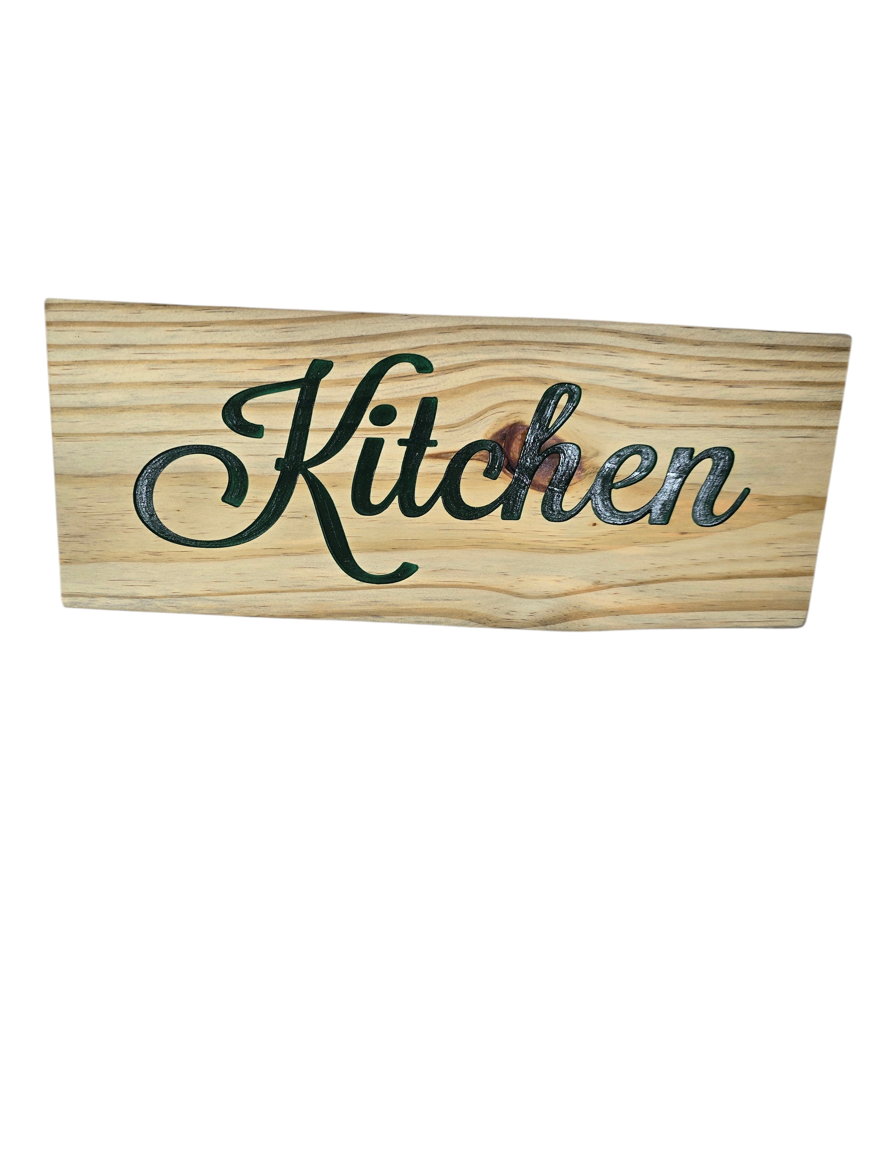 TK Wood Designs natural wood kitchen sign with dark green script lettering. Rustic home decor.