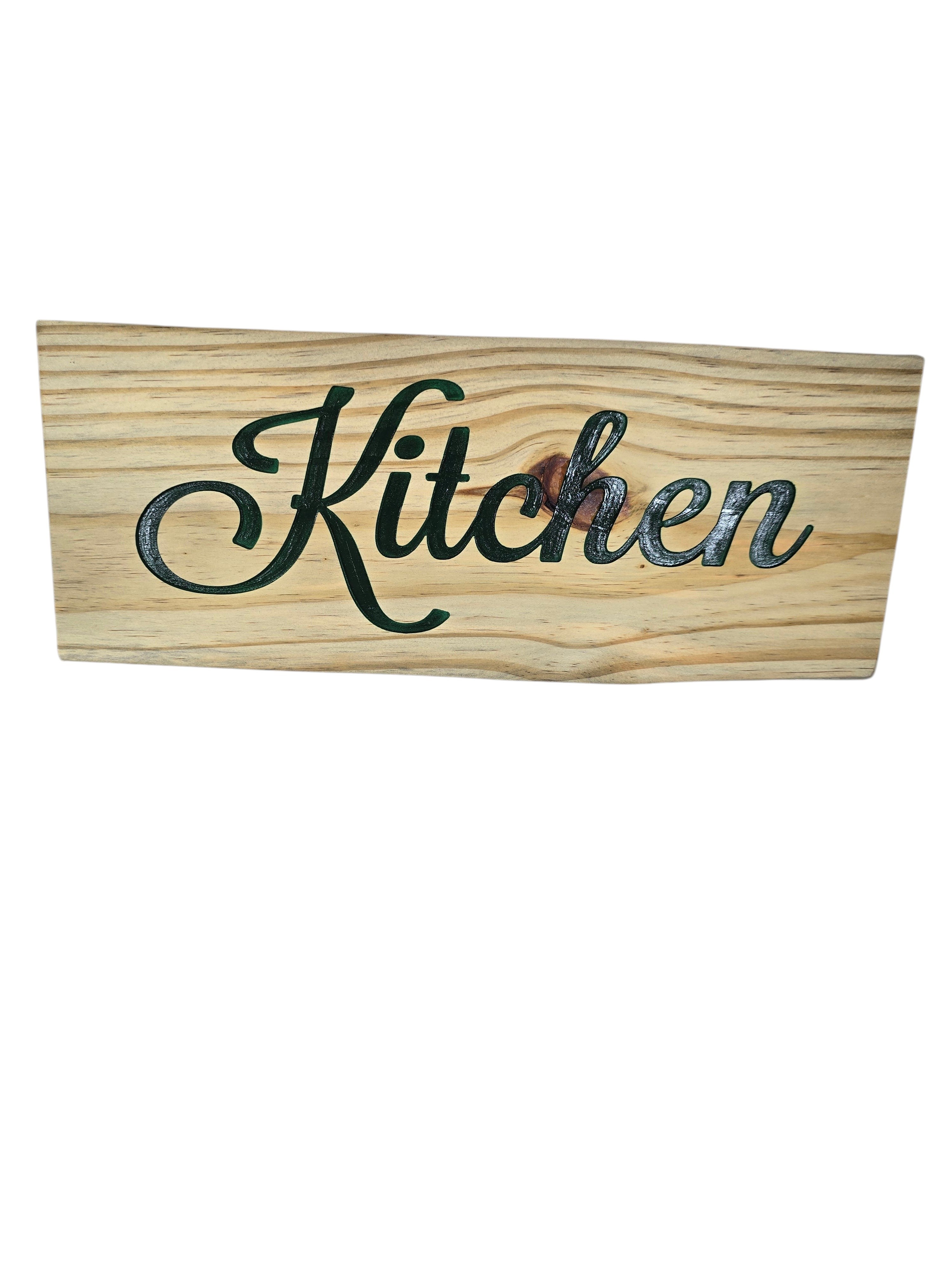 TK Wood Designs natural wood kitchen sign with dark green script lettering. Rustic home decor.
